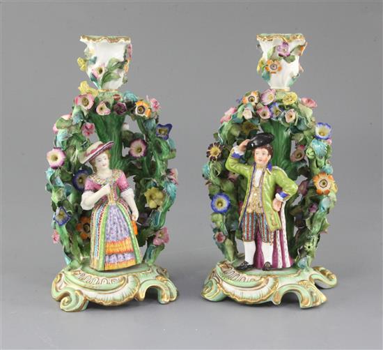 A pair of 19th century Minton Bower candlesticks, c.1835-40, 19.5cm, minor faults